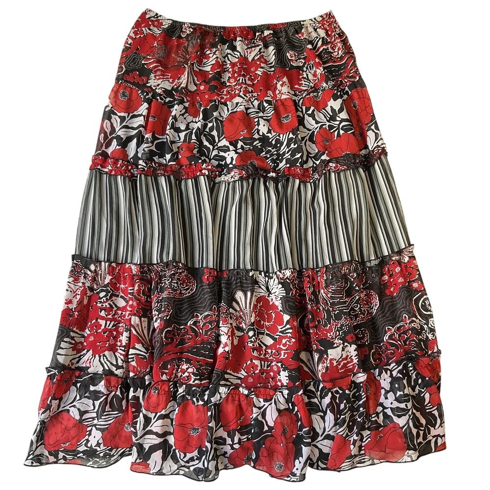 Notations Women Midi Skirt 1X Red Floral Striped Tiered Ruffle Elastic Waist
